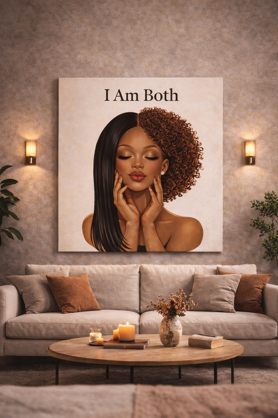Large canvas artwork above a living room sofa